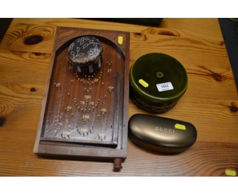 A miniature table top bagatelle board; together with a green glazed jar and cover containing stamps; and a pair of sunglasses