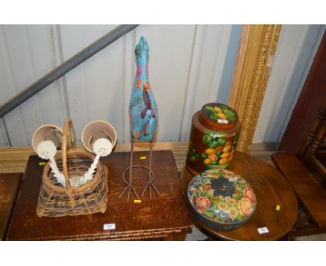 A metal ornament in the form of a chicken; together with a fruit decorated caddy and cover; a wicker basket; a wall light etc