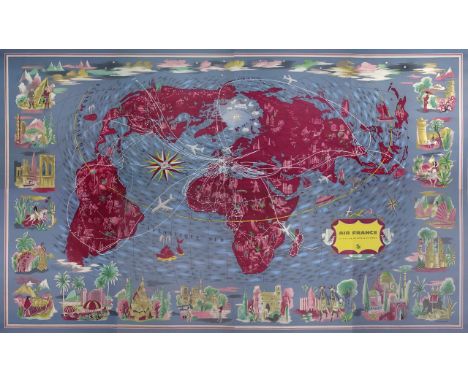 Lucien Boucher (1889-1971) Air France - Large planisphereVery large lithographic planisphere poster « Air France – Planisphèr