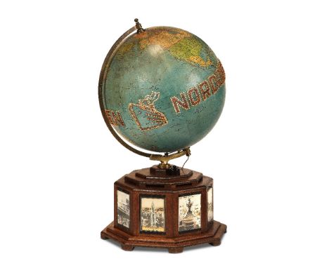 Norddeutscher Lloyd – shipping company – agent's promotional globeA globe rotating on a wooden base decorated with views of N