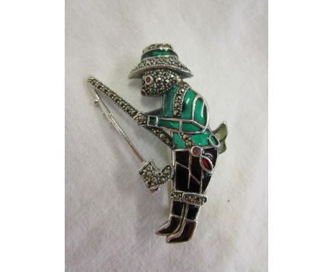 Silver enamel &amp; marcasite fishing rabbit brooch