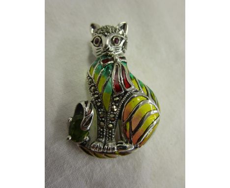 Silver and champlevé enamel cat brooch