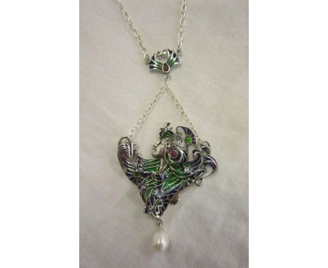 Silver enamel Art  Nouveau style stone set pendant &amp; chain