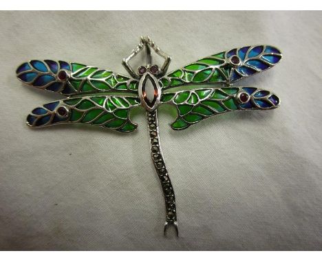 Silver enamel, garnet set dragonfly brooch