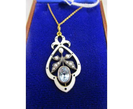 Blue topaz, pearl &amp; enamel pendant on chain