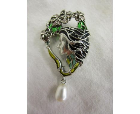 Silver enamel &amp; pearl drop brooch