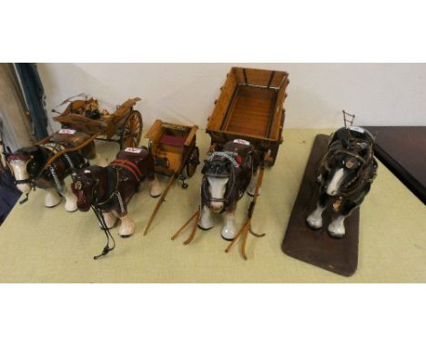 Melba ware, ceramic cart horses together with plough and carts (4)