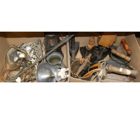 Vintage gas light fittings, pewter tankard, various flat irons, Victorian angle brackets, large mallet, etc (2)
