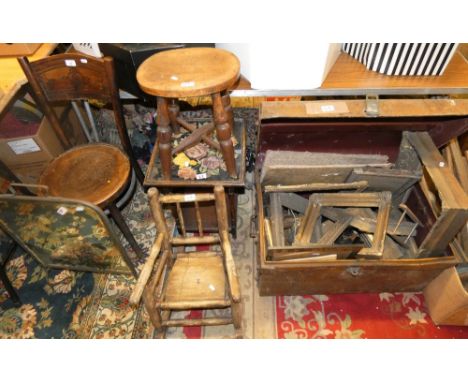 A Tin trunk and contents including gilt picture frames of various sizes, a child's rocking chair, stool, fire screen, occasio