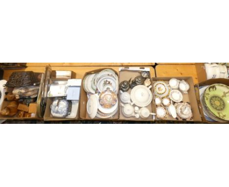 Carved models of cats, various wooden trinket boxes, part tea and dinner wear, large Royal Doulton centre piece, blue and whi