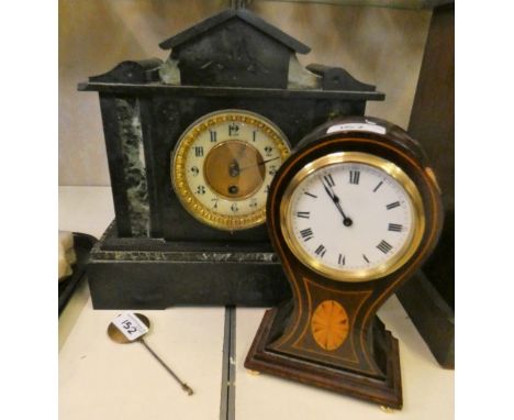 A slate and marble mantle clock together with an inlaid mantle clock (2)
