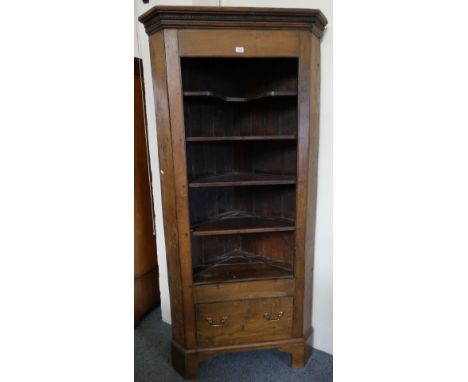 An oak five shelf open corner cabinet, 208 cm tall x 95 cm wide