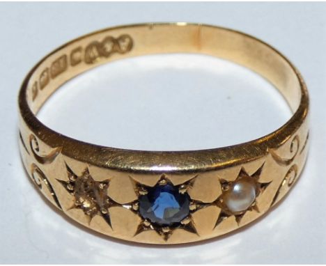 An Edwardian 18ct gold sapphire paste and half pearl ring, Birmingham 1905 (one setting vacant) 2 gms