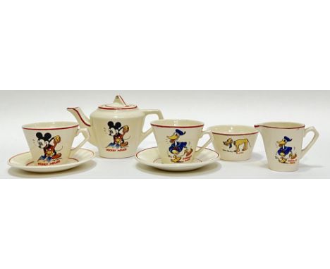 A Wadeheath Ware Disney licensed children's cabaret tea set with Mickey Mouse, Pluto, Donald Duck etc...comprising two cups, 