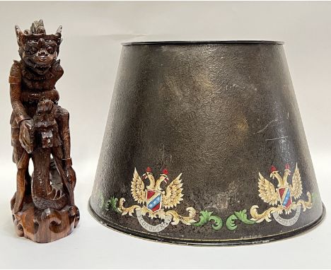 A large toleware lamp shade painted with double eagle emblem with Latin 'Plus Ultra' motto (h- 30cm, w- 40cm), together with 