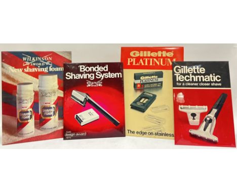 Vintage advertising, a group of barber shop point of sale signs comprising a large cardboard easel-back Gillette Platinum sig