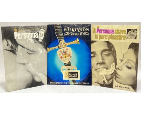 Three large vintage easel-back tin-printed barber shop advertising signs (two Personna, one Wilkinson Sword, largest h- 51cm)