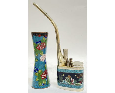 A Chinese cloisonne enamel and paktong tobacco or opium water pipe (signed under cap, h- 25cm), together with a Chinese clois