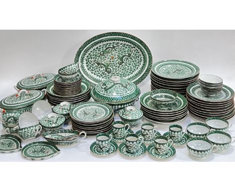 A Chinese porcelain tea and dinner service enamelled in green with cloud and dragon designs comprising a large tureen, two sm