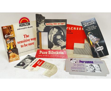 Vintage advertising, a mixed group of barber shop point of sale signs/displays comprising Brylcreem, Wilkinson Sword, Horizon