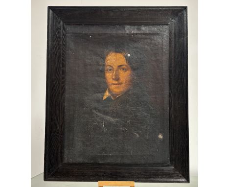 A 19thc School, Portrait of a young gentleman wearing a dark top coat, oil on canvas, unsigned. (craquelure, holes/damage to 