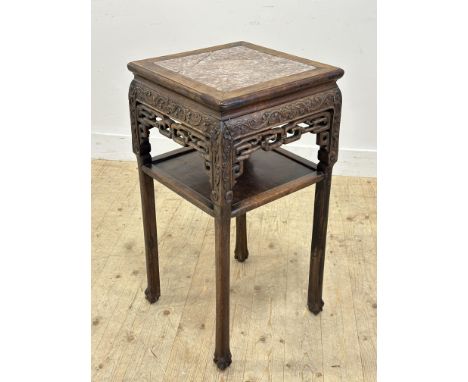 A late 19th/early 20thc Chinese cherrywood stand of square form, with inset rouge marple panel (a/f), above a relief carved f