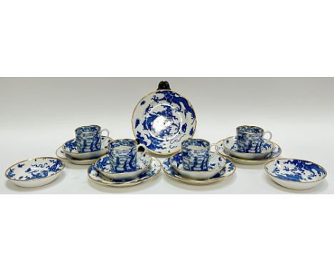 A blue and white English pearlware coffee set decorated in the Chinese taste with dragons and gilt, comprising five plates, s
