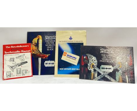 Vintage advertising, a mixed group of barber shop point of sale signs comprising three cardboard easel-back signs (Wilkinson 