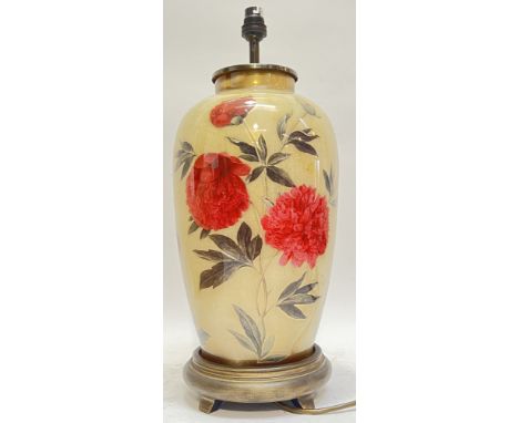 A large modern decalcomania style glass lamp decorated with floral design (height excl. shade- 48cm, height inc. shade- 73cm)