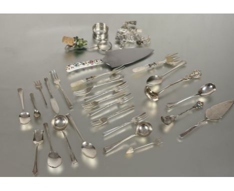 A collection of Epns to include, a mother of pearl handled pickle fork, ceramic handle cake lift, jam spoons, sauce ladle a s