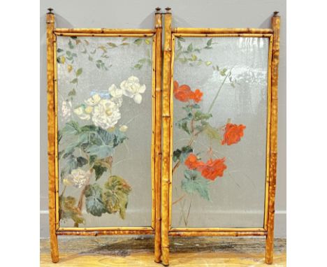 A bamboo and painted glass folding fire screen decorated with floral sprays (h- 81cm)