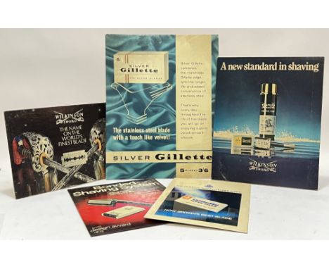 Vintage advertising, a mixed group of barber shop point of sale signs comprising a large cardboard Gillette blades easel-back