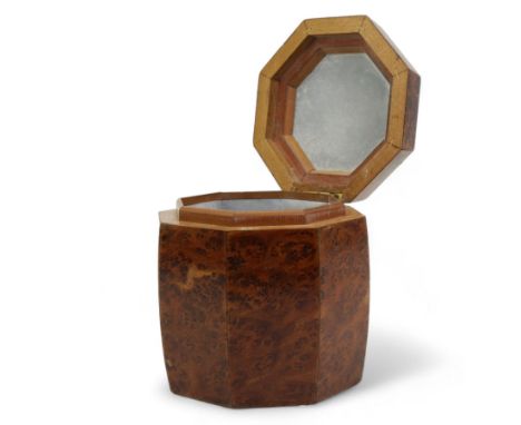 Early 20th century burr elm, ebony and boxwood string inlaid caddy, with hinged cover, H14cm