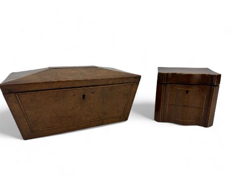 Late Georgian burr walnut sarcophagus shape tea caddy W26cm and a mahogany caddy of serpentine outline W12cm