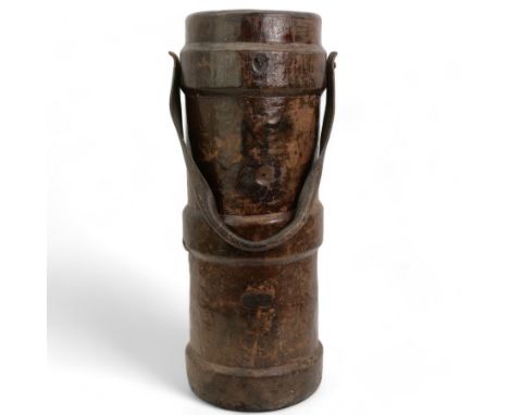 Late 19th century leather shot carrier, with carrying handle, stamped N with broad arrow, H62cm