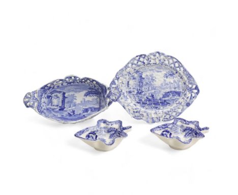 Early 19th century Spode Italian pattern chestnut basket and stand, of oval twin handled form with pierced and basket weave d