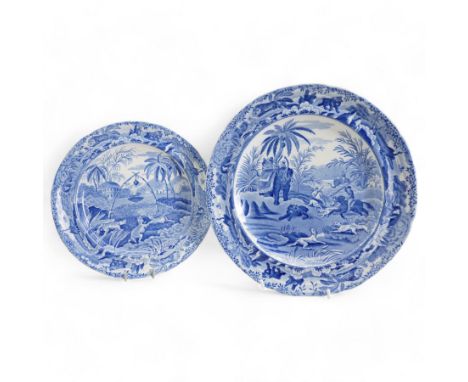 Two 19th century Spode 'Indian Sporting Series' blue and white transfer printed plates, comprising 'Death of the Bear' D25cm 