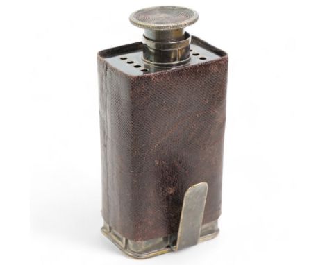19th century plated portable carriage lamp with hinged back and top in  outer leather sleeve 15cm x 6cm, and visiting card of