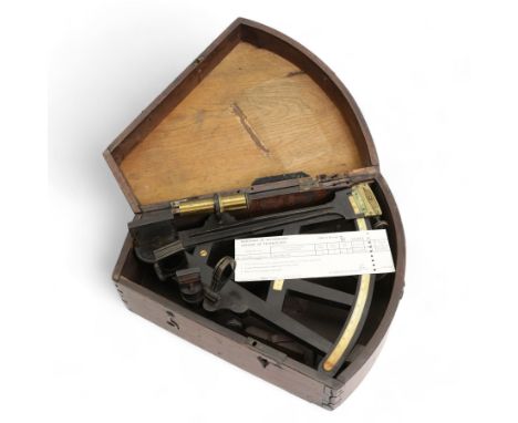 19th century ebony and brass sextant by John King, 2 Clare St. Bristol, with ivory scale, in fitted oak case. This item has b