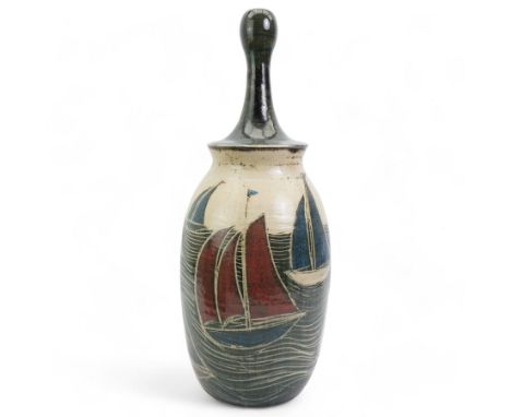 John Egerton (c1945-): Studio pottery stoneware lamp base, decorated with  sailing boats on choppy seas, signed and dated (20