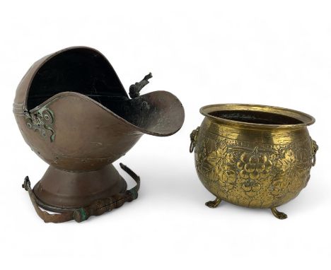 19th century copper coal scuttle, brass twin-handled planter, the bulbous body embossed with fruiting vines, H23cm (2)