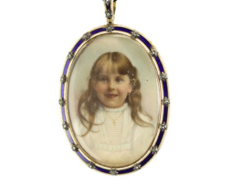 Early 20th century portrait miniature of a head and shoulder of a girl on ivory, mounted in 9ct gold locket pendant, with whi