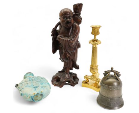 Chinese bronze bell with mythological animal handle H15cm, Eastern turquoise flask with applied floral decoration, Chinese ca
