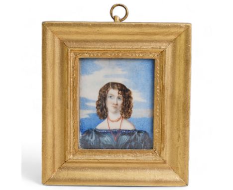 George Felton Buttary (British Early 19th century): Portrait of 'Louisa Taylor Aged 22' wearing a blue gown, miniature waterc