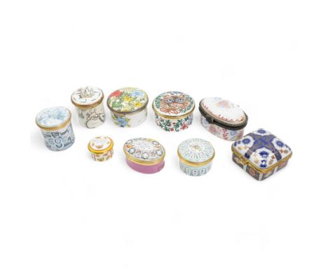 Three Halcyon Days enamel boxes comprising 'Time flies, friendship stays', 'Thank You' and 'May your days be filled with laug