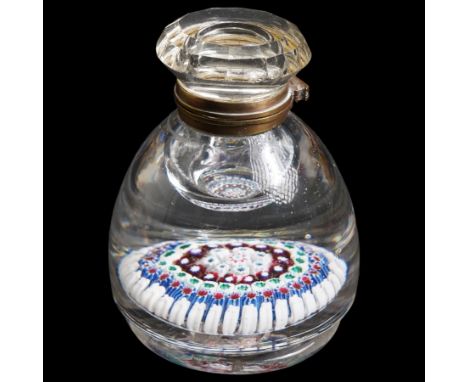 Whitefriars design glass inkwell of footed domed form with hinged lid and interior decoration of concentric circles of millef