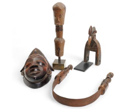 Chokwe Janus staff finial H27cm, heddle pulley carved as a bird H18cm,  tribal mask and a scraper (4)