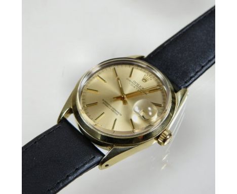 A vintage Rolex Oyster Perpetual Date gentleman's wristwatch, circa 1972, the dial with baton hours, on a new leather strap, 