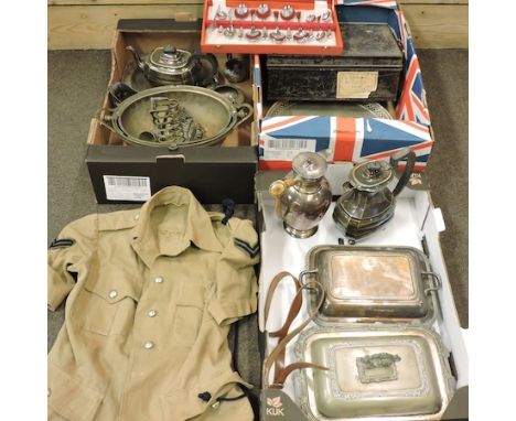 Three boxes of 19th century and later silver plate, to include a vintage army jacket