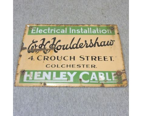 An enamel advertising sign, inscribed W H Houldershaw, Electrical Installation, Henley Cable, Colchester, 63 x 85cm